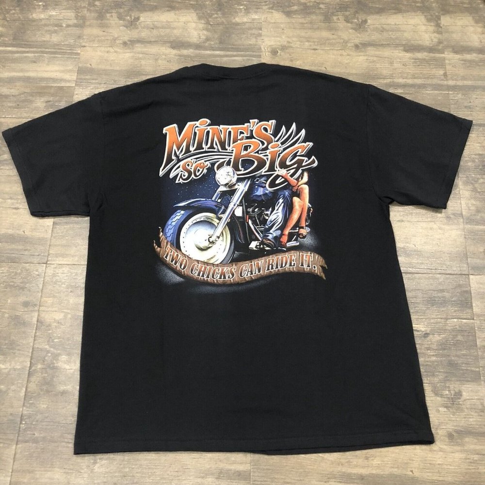 Vintage "Mine's So Big Two Chicks‎ Can Ride It" Motorcycle Tshirt Size XL EUC